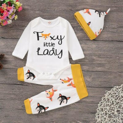 

US 3PCS little Lady Baby Newborn Girl Romper Leggings Pants Hat Fox Outfit Set