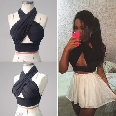 

Womens Nightclub Cut Out Knot Halter Neck Front Stretch Bra Vest Ladies Crop Top