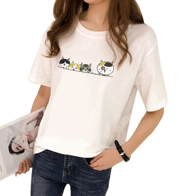 

Womens Harajuku Style Round Neck Cartoon Cats Print Short Sleeve Loose Pullover