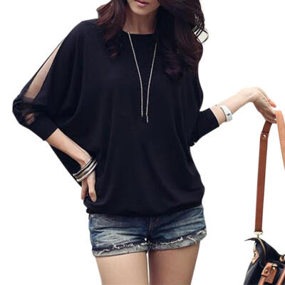 

Women Batwing Sleeve Tops O Neck Mesh Splicing Loose T-Shirts Plus Size