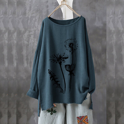 

Roseonmyhand Plus Size Women Long Sleeve Cotton Linen O-Neck Print Blouse Top T-Shirt