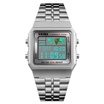 

LED Digital Sports Mens Watch Count Down World Time Stainless Steel Waterproof Square Wrist Watches Multifunction Fashion Wristwa