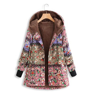 

Women Ethnic Style Floral Print Coat Tops Hooded Casual Long Sleeve Warm Zipper