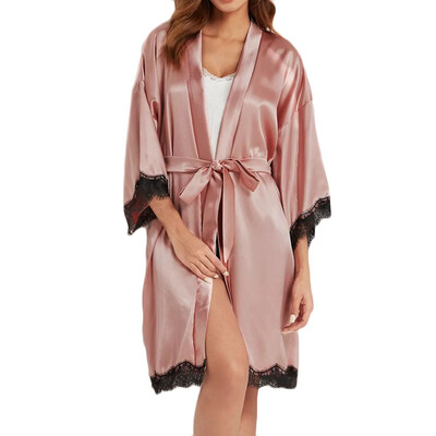

Toponeto New Women BathRobe Lace Satin Belted Pajama Robe Underwear Sleepwear Lingerie