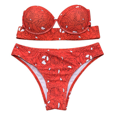 

Sexy Strapless Backless Padded Underwire Floral Print Women Bikini Set