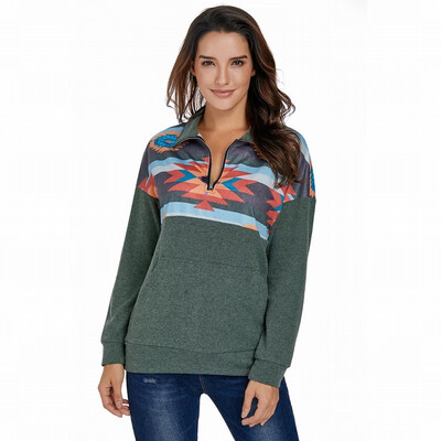 

womens sweatshirt Autumn Lapel Zip Long Sleeve Print Slim Top