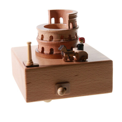 

Gobestart Handmade Building Shape Beech Wooden Clockwork Music Box Craft Decoration