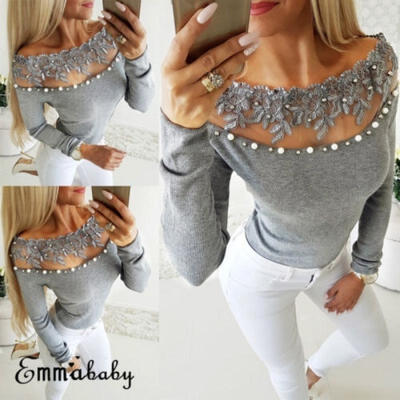 

Womens Sexy Long Sleeve Lace Patchwork T Shirt Pearl Embroidery Top