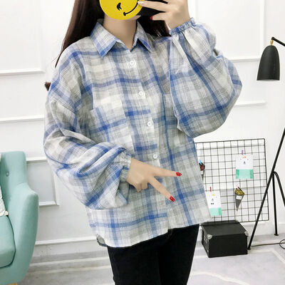 

fashion womens retro temperament check printed loose lapel shirt wild long-sleeved casual shirt