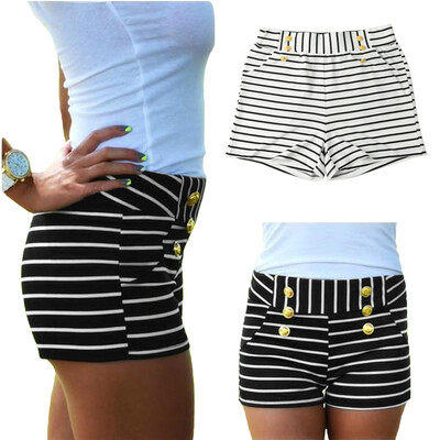 

Women Shorts Summer Striped Shorts High Elastic Waist Ladies Casual Pants BlackWhite