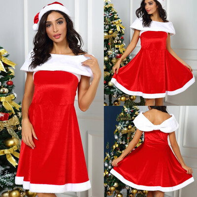 

Tailored Fashion Women Christmas Hat Festival Cute Off-Shoulder Dress Ball Gown Dress