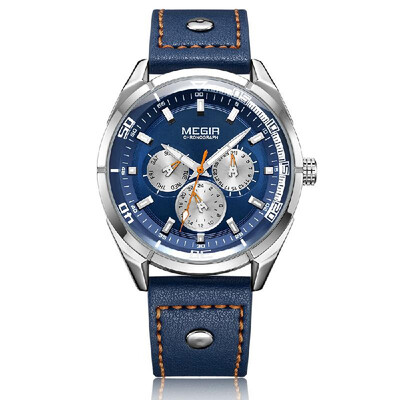 

MEGIR Chronograph Sport Watch Men Clock Quartz Leather Strap Luminous Wristwatch