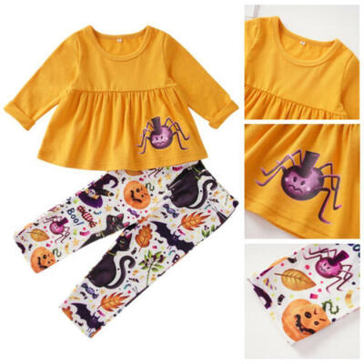

Toddler Newborn Kids Baby Girl Halloween Yellow Pumpkin Tops Floral Pants Outfit