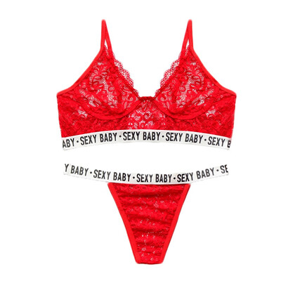 

Toponeto Delicate Women Lace Velvet Push Up Top Bra Underpant Set Sexy Letter Lingerie