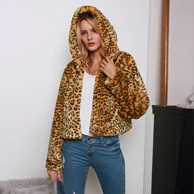 

Womens Leopard Printed Hooded Short Coat Autumn Winter Long Sleeve Warm Fashion