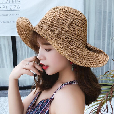 

Women Summer Straw Hat Big Wide Brim Beach Sun Hat Foldable Protection Vacation Panama Cap KhakiBeige