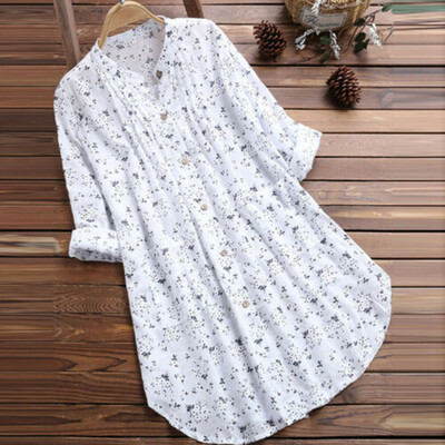 

Women Tops T-Shirt Pleated Flower Printed V-Neck Long Sleeve Casual Baggy Blouse