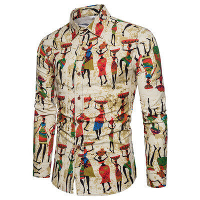 

Plus Size Men\s Stylish Slim Fit Button Down Long Sleeve Figure Painting Shirt