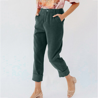 

Women Fashion Solid Corduroy Full Length Button Fly Pants With Pocket