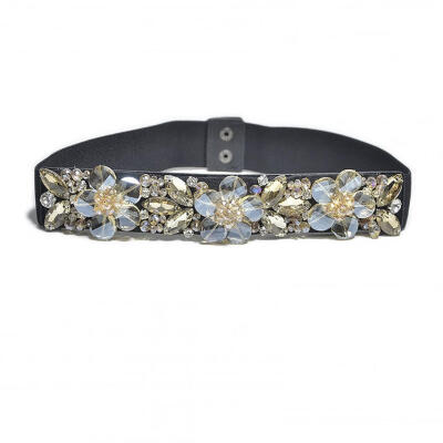 

Fashion Women Elastic Rhinestone Flower Waist Belt Bridal Dress Waistband Decor