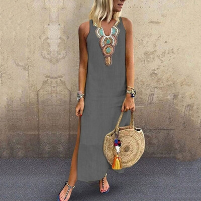 

Women Sleeveless Summer Casual Boho Floral Maxi Print Dress Ladies Holiday Beach