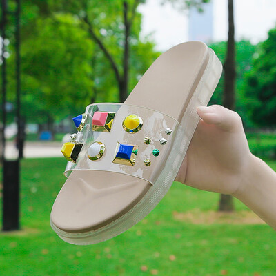 

2019 new slippers women wear summer Korean fairy thick transparent drag rhinestone slip Joker sandals