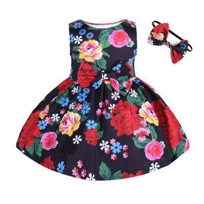 

2pcs Girls Sleeveless Cute Sweet Dress Floral Print Fashion Headband Set