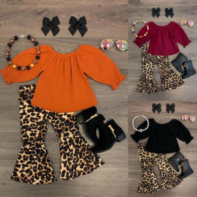 

US Newborn Baby Kid Girl Leopard Cotton Tops T-shirt Flared Pants Outfit Clothes