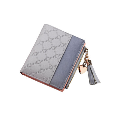 

Women Color Block Embossed Heart Pendant Zipper Wallet Card Holder Short Purse