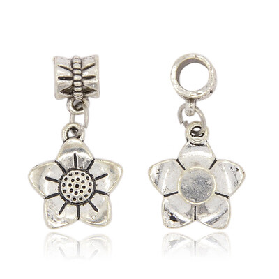 

Tibetan Style Alloy European Dangle Beads Large Hole Flower Beads Antique Silver 28mm Hole 5mm Flower about 17x15x3mm