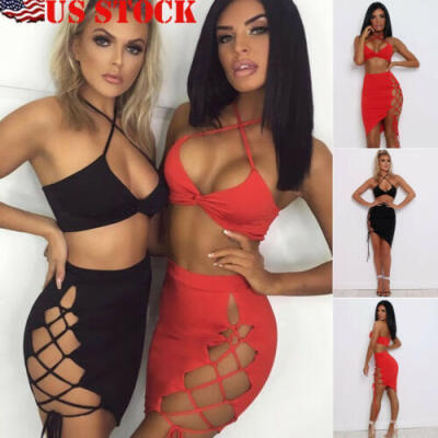 

Women 2 Piece Bodycon Two Piece Crop Top&Skirt Set Bandage Dress Party USA