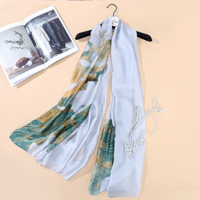 

Temperament lady wind scarf new simulation silk lotus lotus print spring&summer large sunscreen thin scarf shawl female