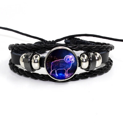 

Retro Leather Rope Twelve Constellations Time Gem Weaving Bracelet Fashion Wild Men Women Accessories