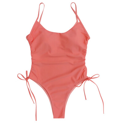 

Spaghetti Strap Monokini Solid Color Wire Free Adjustable Drawstring High Cut Bikini