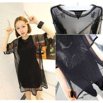 

Sexy Black See Through Mesh Nets Short Sleeve Oversize Shirt Cover Tops Blouse