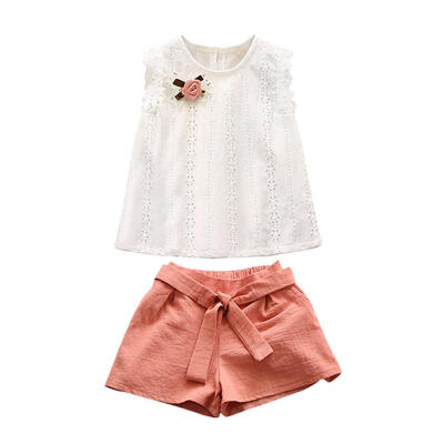 

2pcs Baby Kids Girl Floral Bowknot Decor Lace Summer TopsSolid Belt Shorts