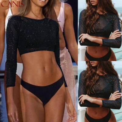 

Women Sparkle Mesh Sheer See-through Long Sleeve Crop Top Glitter Blouse T-Shirt