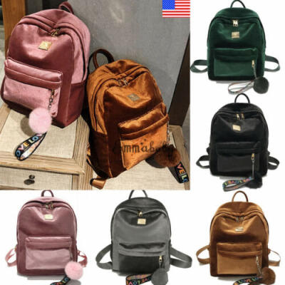 

US Luxury Women Velvet Rucksack Backpack Pompom School Bag Travel Handbag Gift