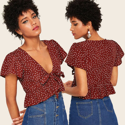 

Retro Womens Polka Dot V Neck Knot Tie Short Sleeve Crop Top T Shirts Blouse Tee
