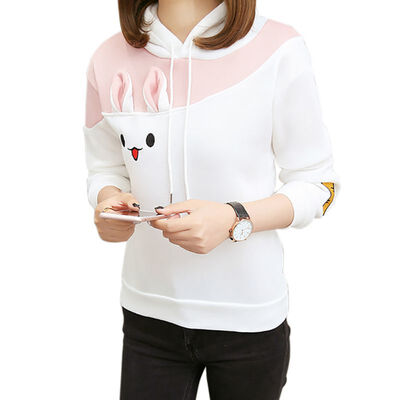 

Women Rabbit Embroidered Hoodies Casual Loose Patchwork Color Hooded Tops Warm Long Sleeve Pullovers