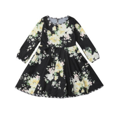 

Kid Girl Long Sleeve Floral Cotton Dress Holiday Party Wedding Princess Sundress