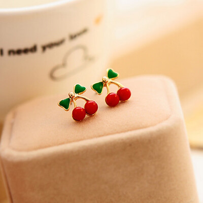 

2 Pairs Red Mini Cherry Ear Studs Earrings Simple Style Jewelry Gift Hot Sale