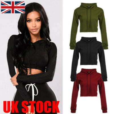 

UK Womens Long Sleeve Hoodie Crop Top Sweatshirt Hooded Jumper Sweater Pullover