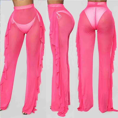 

Women Lace See Through High Waist Flared Trouser Beach Summer Holiday Mesh Pants