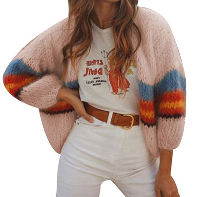 

2019 Autumn Women Fashion Casual Solid color Splice Loose Short paragraph Cardigan sweater