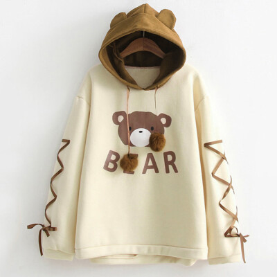 

Gobestart Women Wear A Bear Cap Top Long Sleeve With A Ribbon Hair Ball Cute Sweater