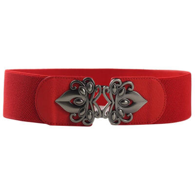 

Vintage Solid Color Wide Waistband Metal Hollow Flower Buckle Elastic Women Belt