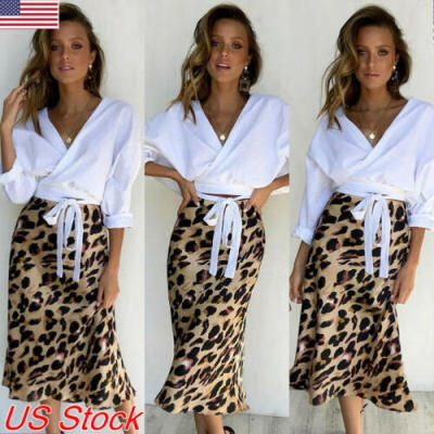 

New Womens Realisation Leopard Print Silk Midi Dresses Skirt Fishtail New Hot US