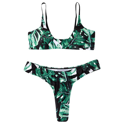 

Green Leaf Print Straps Padded Low Waist Two Piece Bikini Swimwear for Women