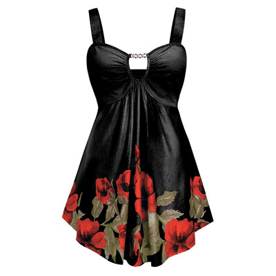 

Roseonmyhand Women Fashion Casual Plus Size Floral Print Cut Out Empire Waist Tank Top Camis